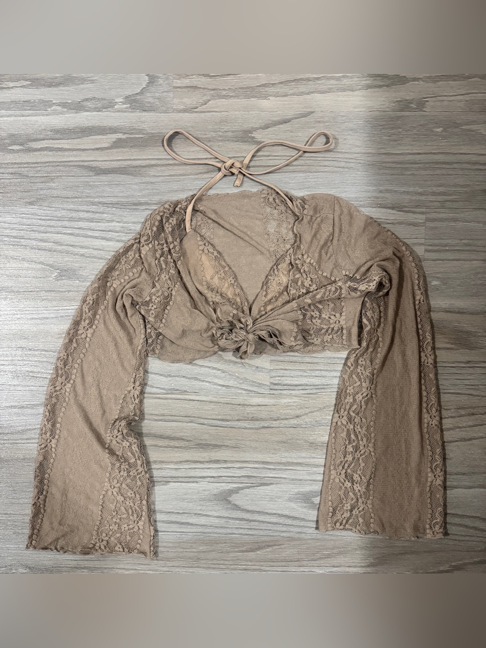 Cider Lace Tie Front Crop Top XS Taupe Boho Romantic Sheer Long Sleeve